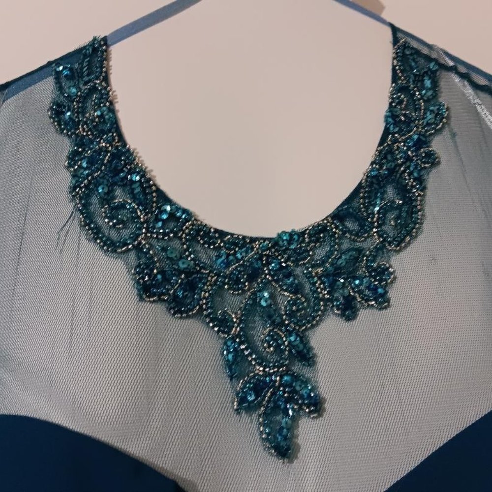 Teal Formal Dress with sheer sleeves and upper back.  Mother of the Bride